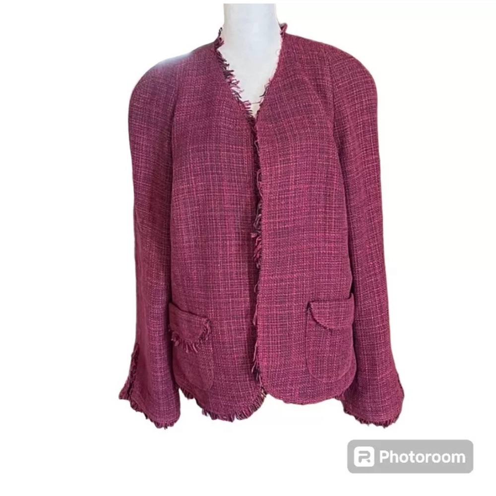 Anne Klein Fuchsia Open Front Tweed Print Fringe Blazer Jacket Size 14